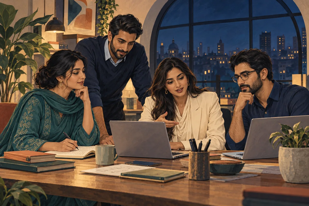 Editorial illustration of adults collaborating in a modern workspace